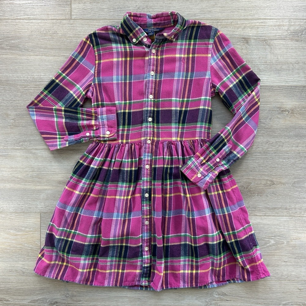 Polo Ralph Lauren Girls 12 Pink Plaid‎ Flannel Shirt Dress Long Sleeves Pockets